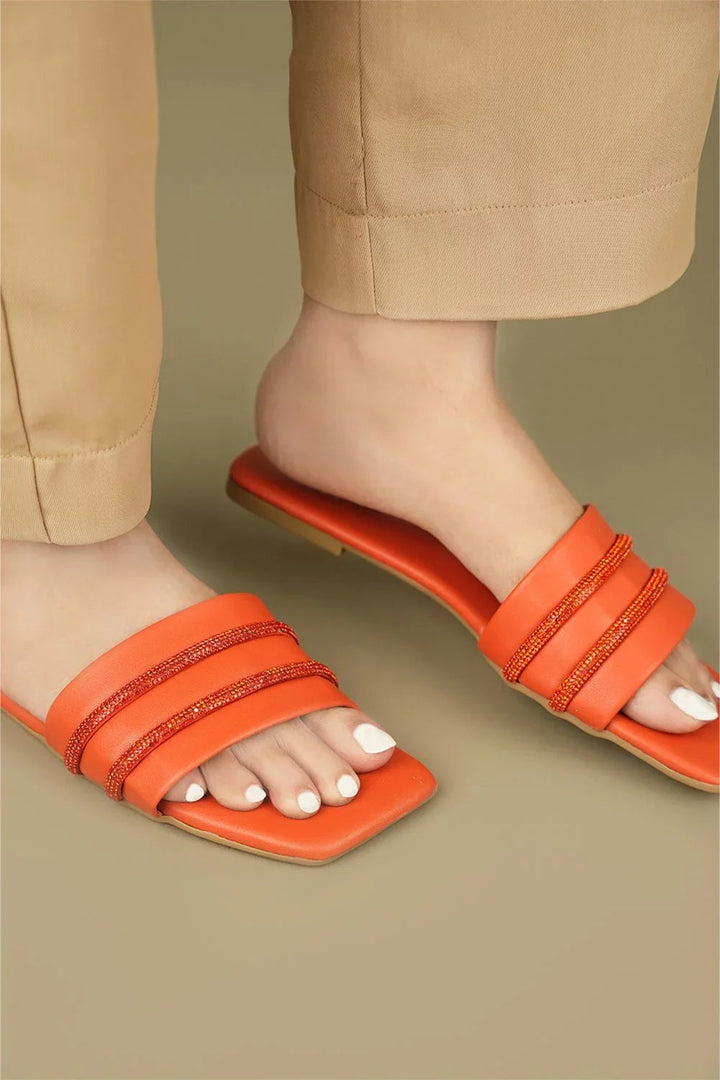 OPIA 5001 ORANGE semi-formal orange flats with diamonte detail and matte sole