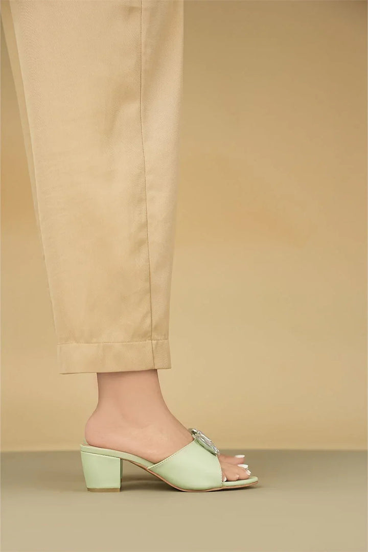 OPIA 5100 GREEN minimalist green block heel with statement stone and sleek design