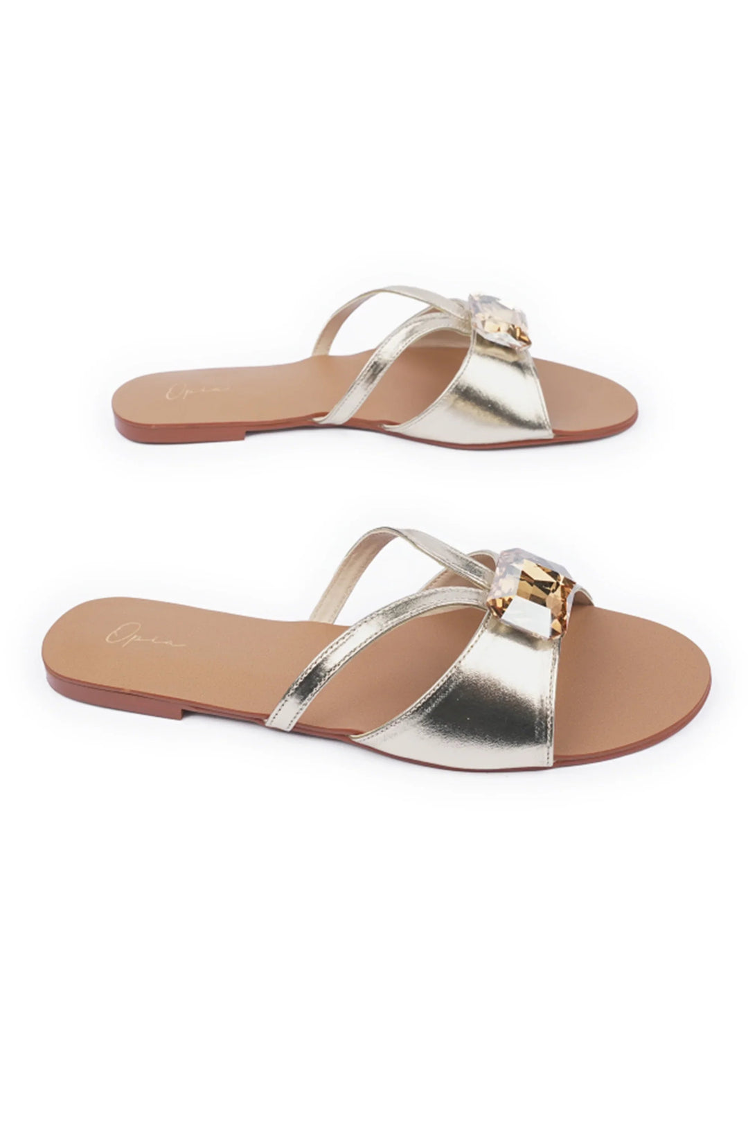 OPIA 8505 GOLD shimmery gold flats with single stone detail and open toe design