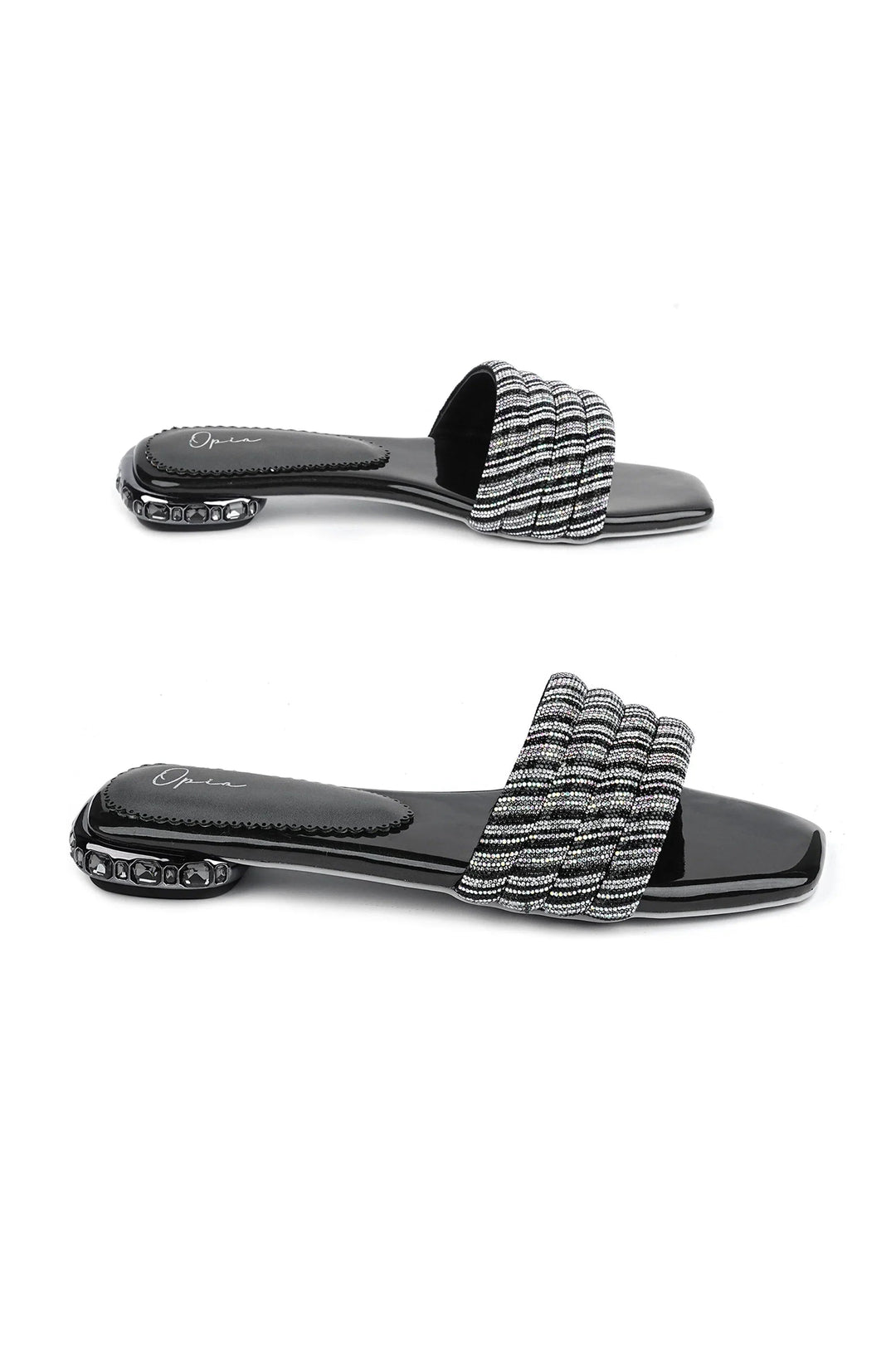 OPIA 8522 BLACK stylish black slip-on sandals with mesh rope upper and decorative stone-worked heel