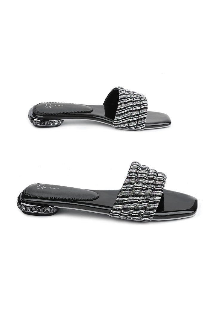 OPIA 8522 BLACK stylish black slip-on sandals with mesh rope upper and decorative stone-worked heel