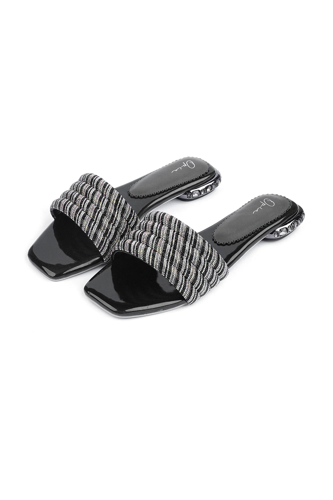 OPIA 8522 BLACK mesh rope slip-on shoes with glitter patent insole and stone-work heel detail