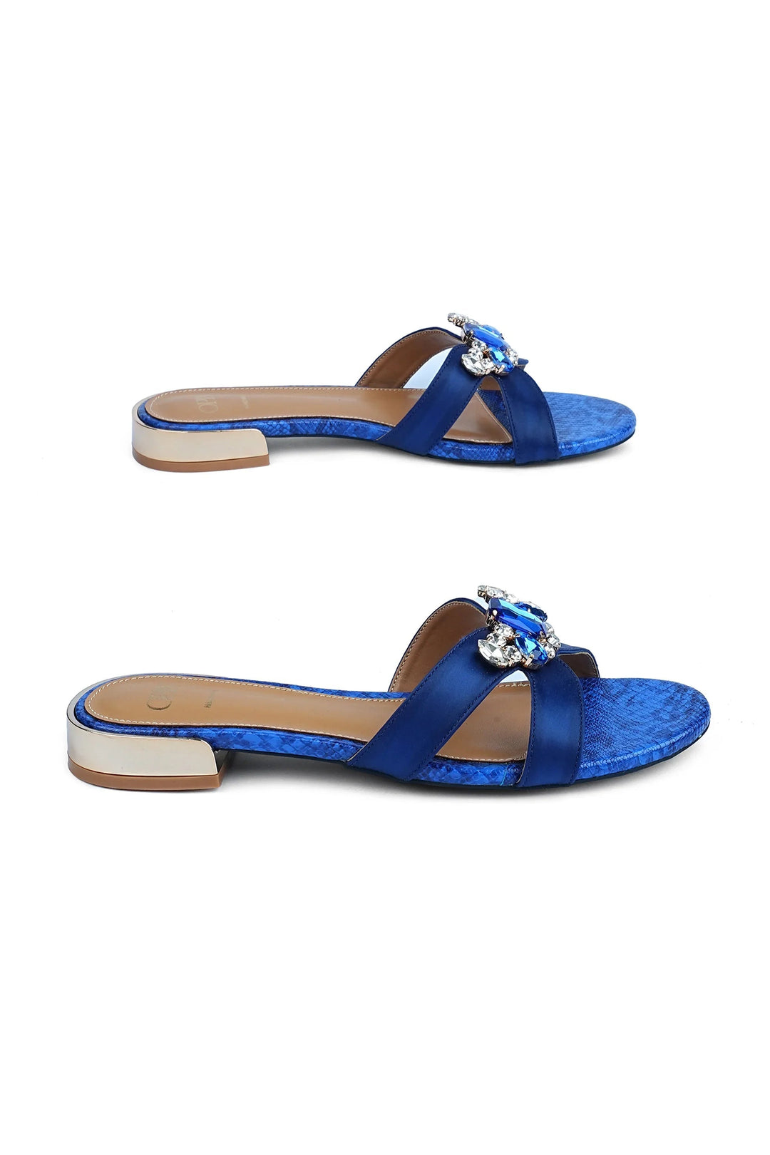 OPIA 8524 BLU blue satin flats with stone buckle and snake textured insole