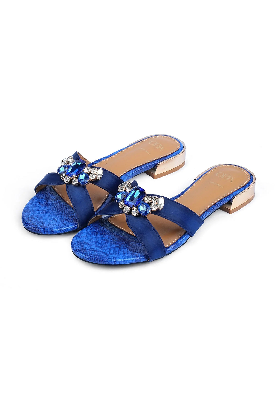 OPIA 8524 BLU satin blue flats with decorative stone buckle and snake textured insole