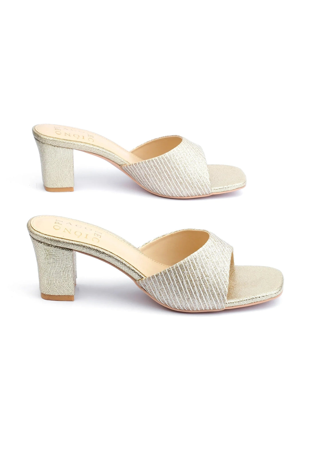 OPIA 8627 GOLD shimmering gold block heels with open toe and mid-height heel
