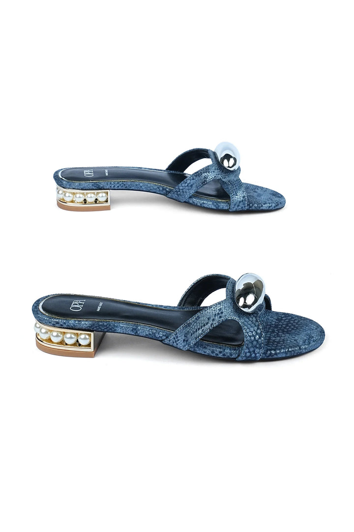 OPIA 8633 BLU blue snake-textured heels with metal buckle and stone-work heel