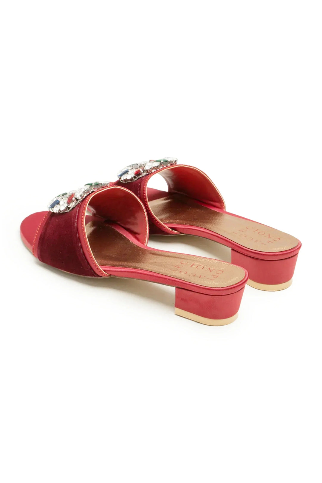 OPIA 9783 MRA maroon block heels with multi-colored rhinestones and comfortable slip-on design