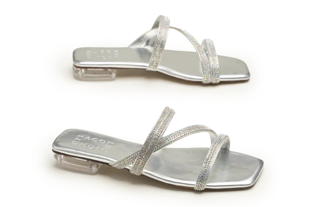 Silver slip-on flats for women with two-toned rhinestone straps and crystal-like block heel OPIA 9977 SILVER
