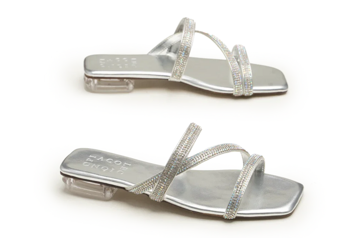 Silver slip-on flats for women with two-toned rhinestone straps and crystal-like block heel OPIA 9977 SILVER