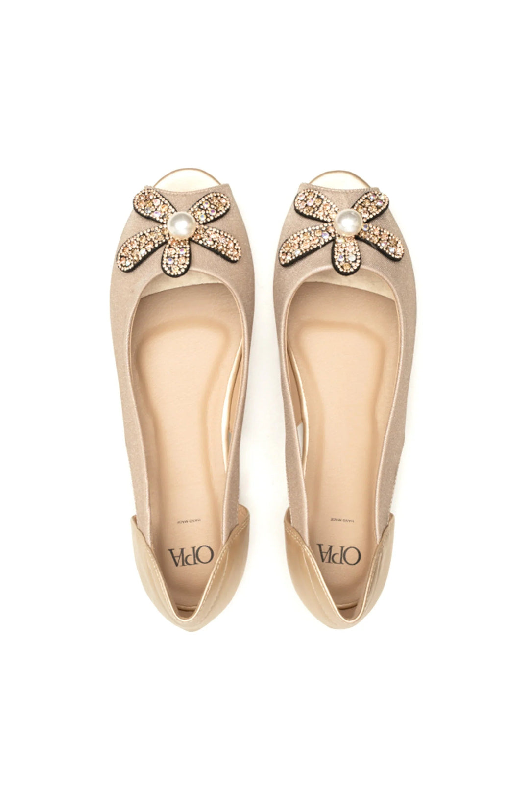 OPIA 9980 GOLD gold peep toe pumps with diamonte and pearl floral design