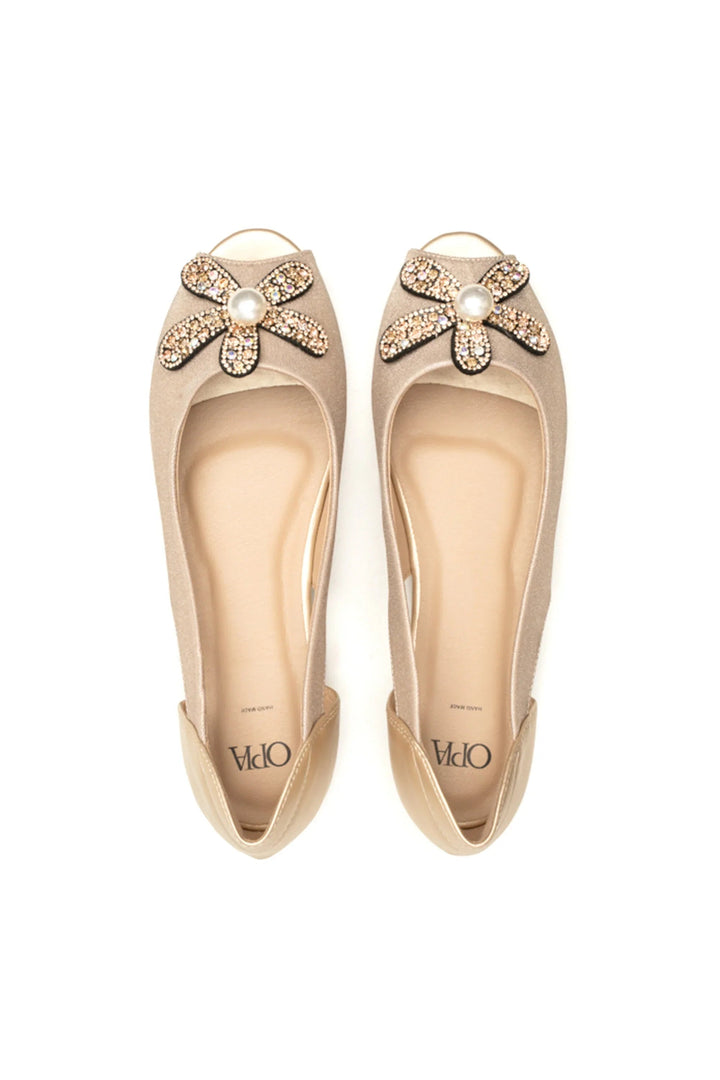 OPIA 9980 GOLD gold peep toe pumps with diamonte and pearl floral design