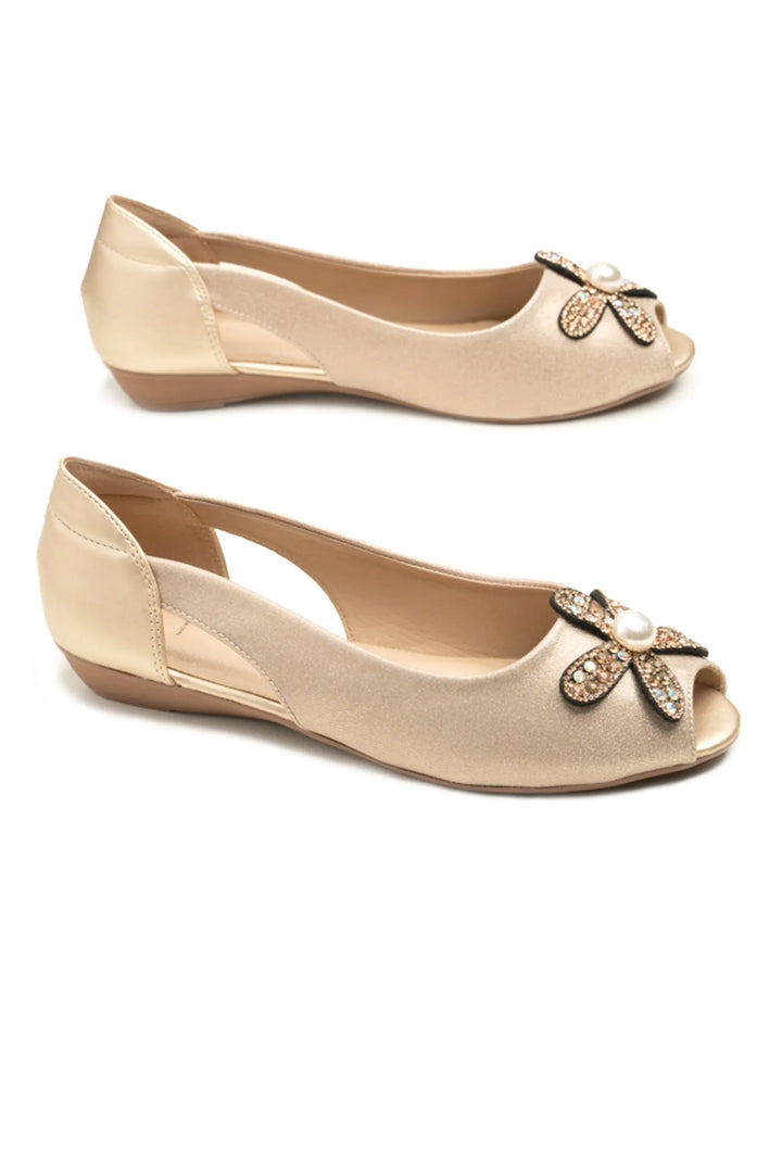 OPIA 9980 GOLD gold peep toe pumps with floral diamonte and pearl detail