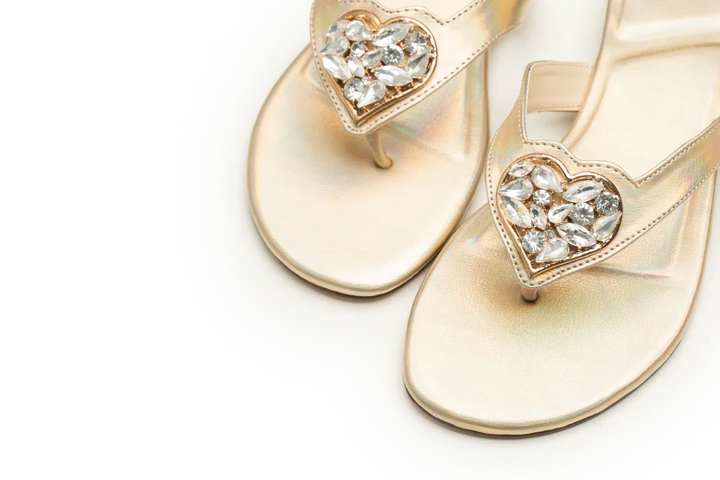 OPIA 9994 GOLD minimalistic gold flats with heart-shaped crystal brooch and subtle rainbow hues for semi-formal wear