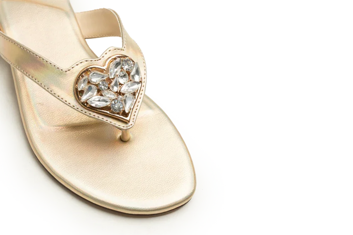 OPIA 9994 GOLD minimalistic gold flat sandal with heart-shaped crystal brooch and rainbow hues, comfortable semi-formal footwear