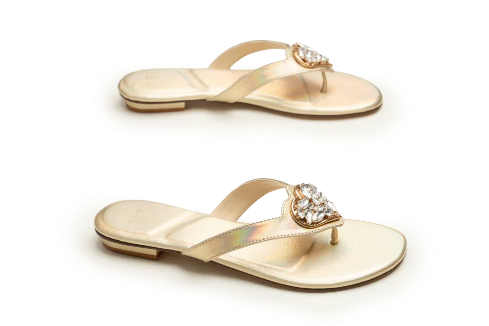OPIA 9994 GOLD minimalistic gold flat sandal with rainbow hues and heart-shaped brooch for semi-formal wear