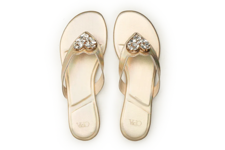 Gold flat sandals with heart-shaped rhinestone brooch, OPIA 9994 GOLD
