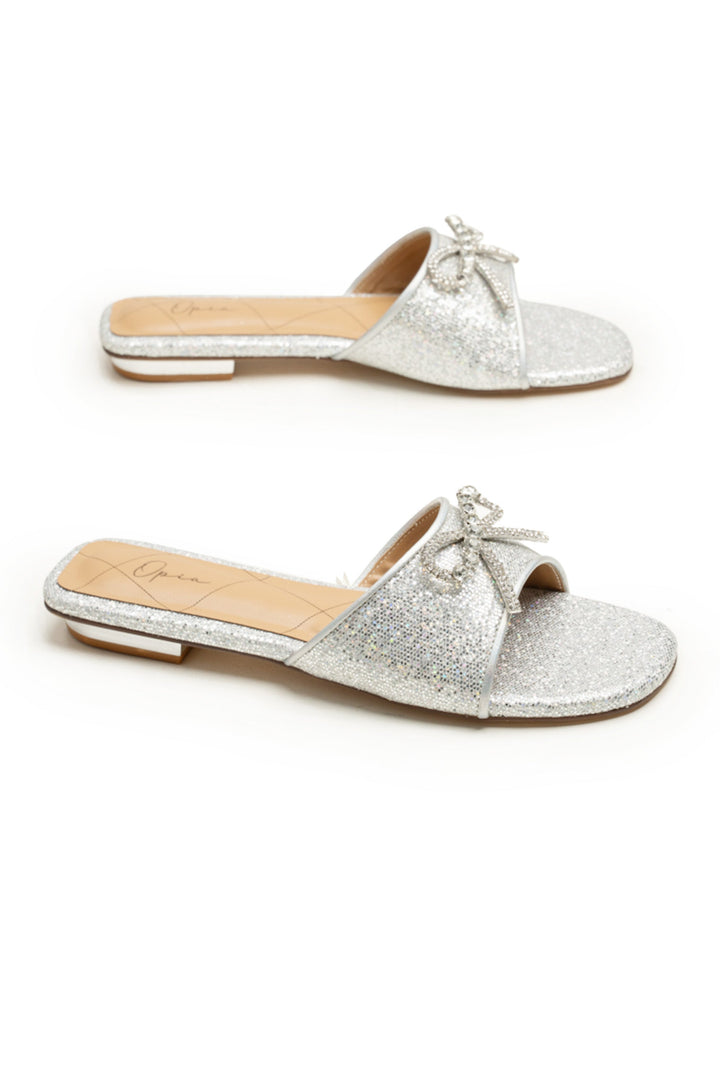 OPIA 9999 SILVER sparkly silver flats with glitter sole and stone bow embellishment