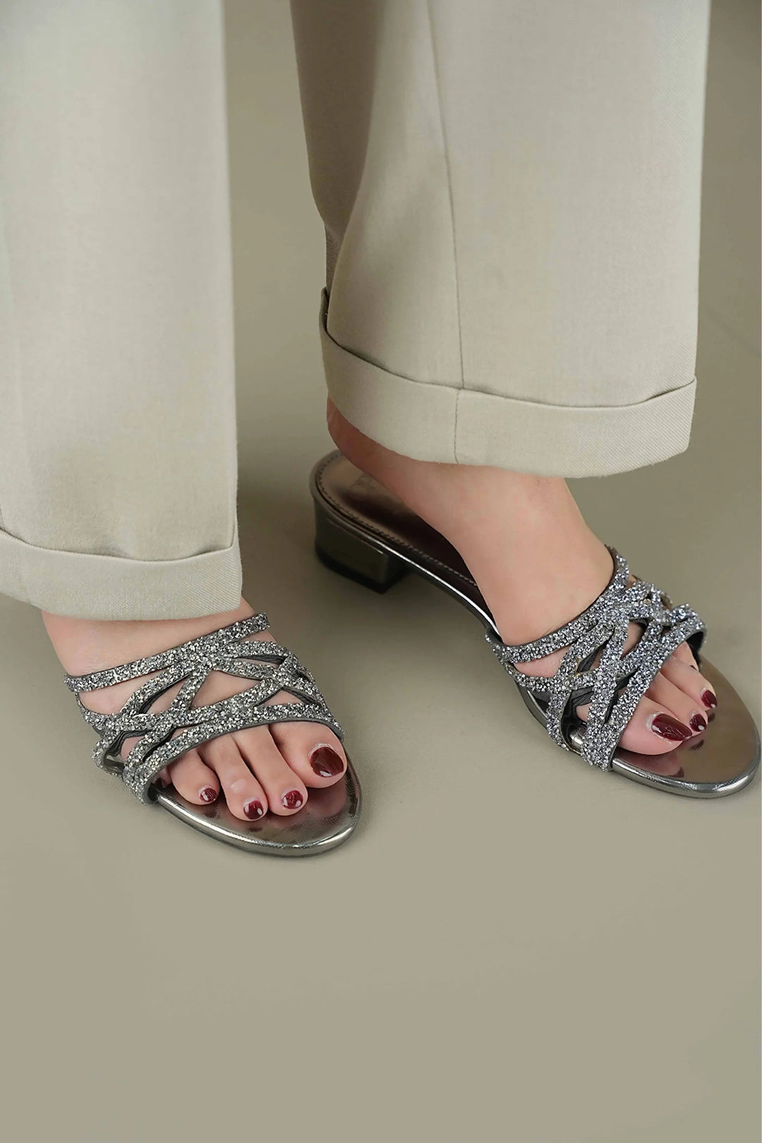 OPIA 9789 GREY metallic grey glittery block heel slip-on sandals with crisscross straps