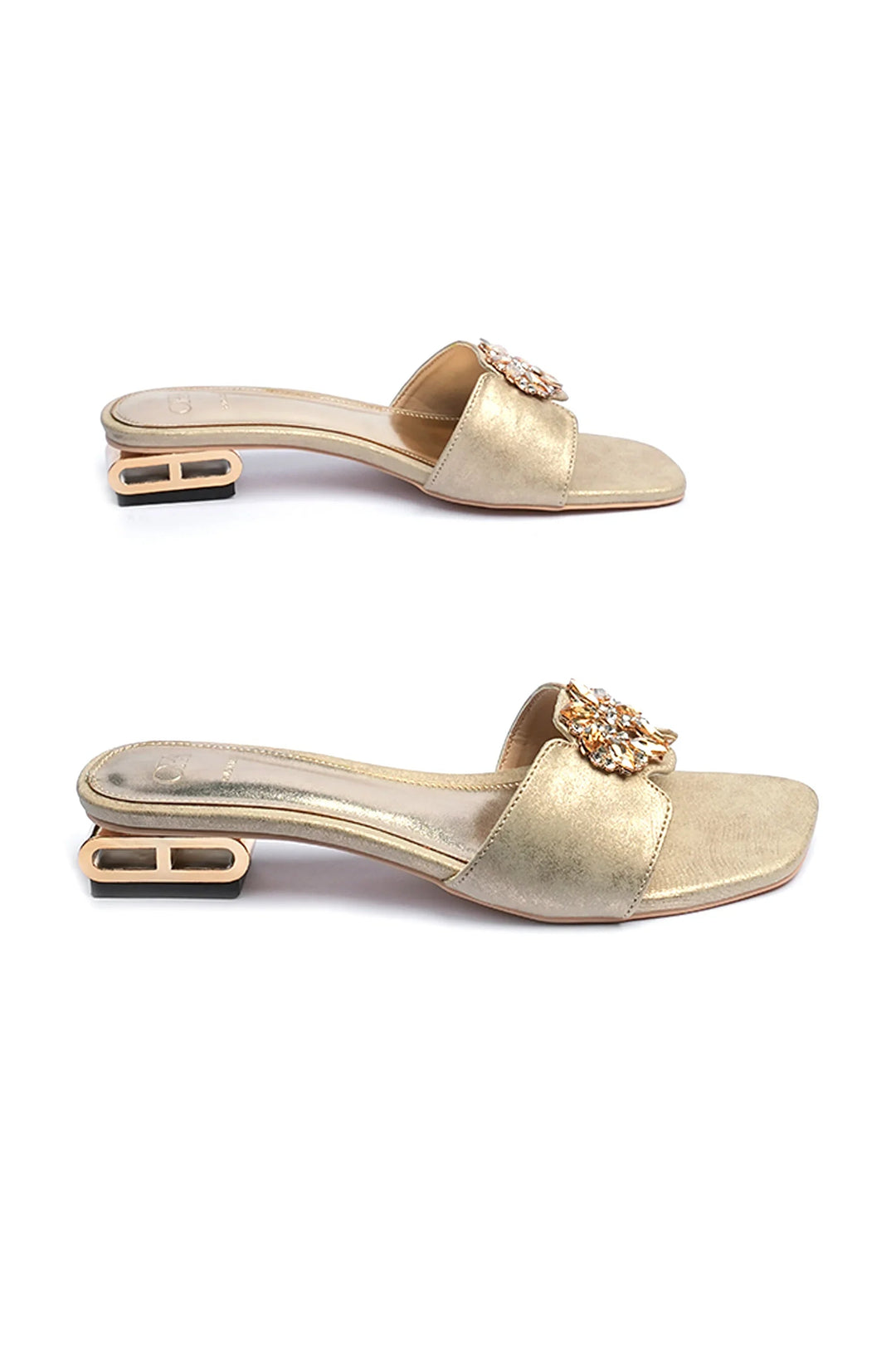 OPIA 8634 GOLD metallic gold mule sandals with stone buckle and unique heel design for festive occasions
