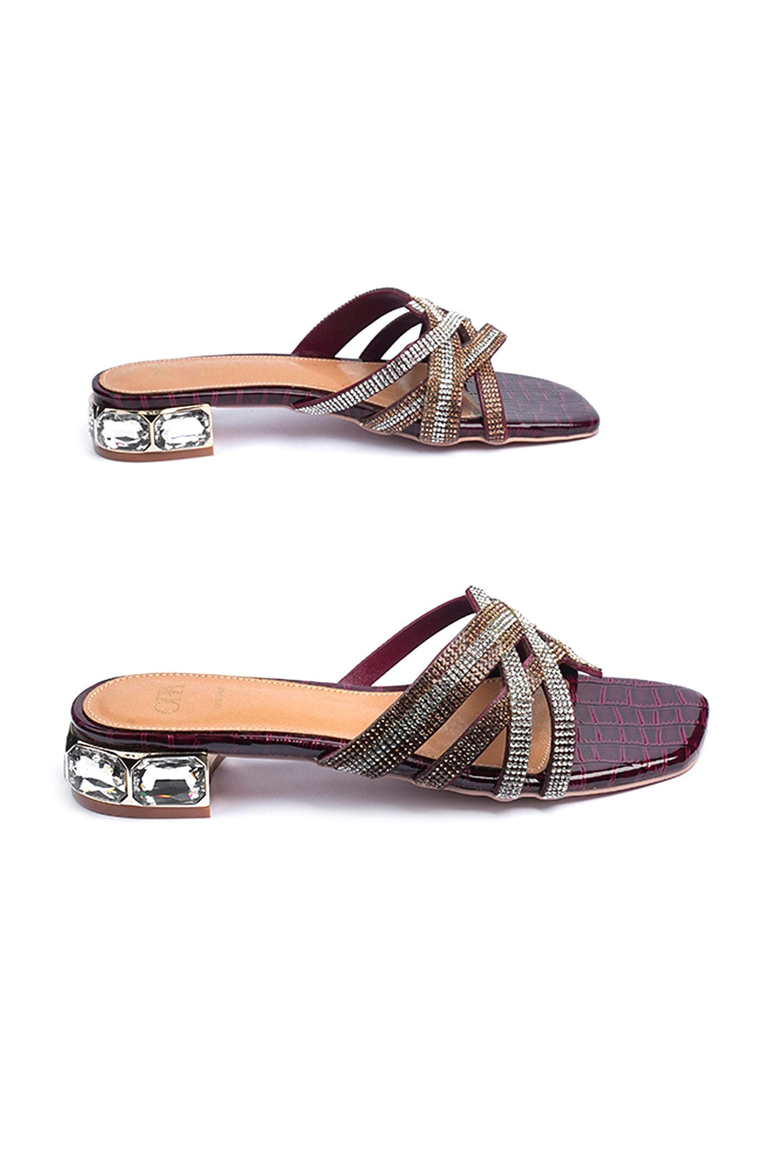OPIA 8630 MRA maroon heels with stone detailing, crocodile print patent faux leather, padded socks, and embellished block heel