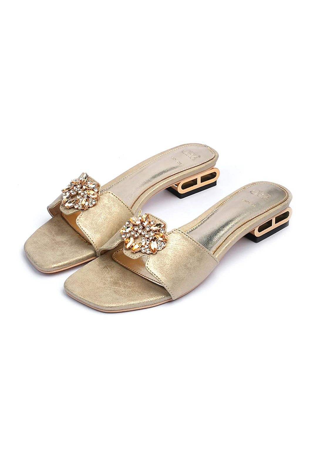 OPIA 8634 GOLD metallic gold sandals with stone buckle and unique heel design for festive occasions