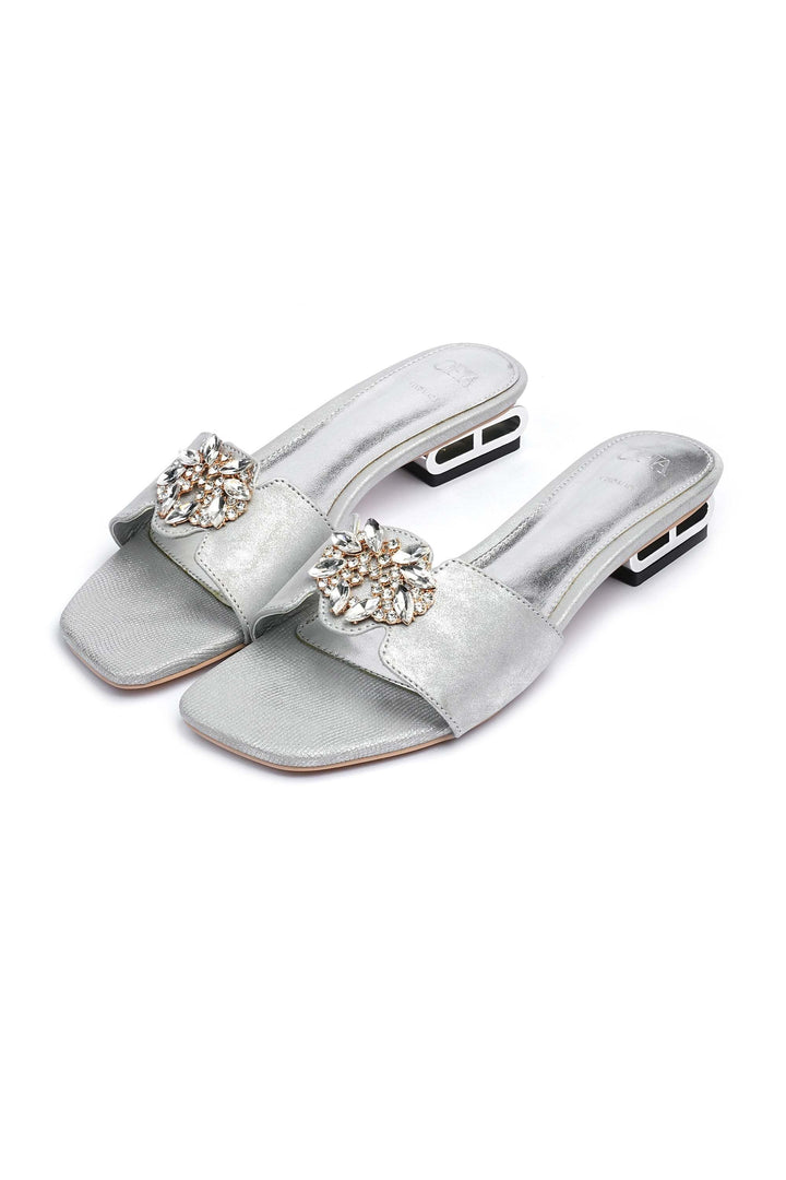 OPIA 8634 SILVER women's silver metallic heels with stone buckle and unique heel design for festive occasions