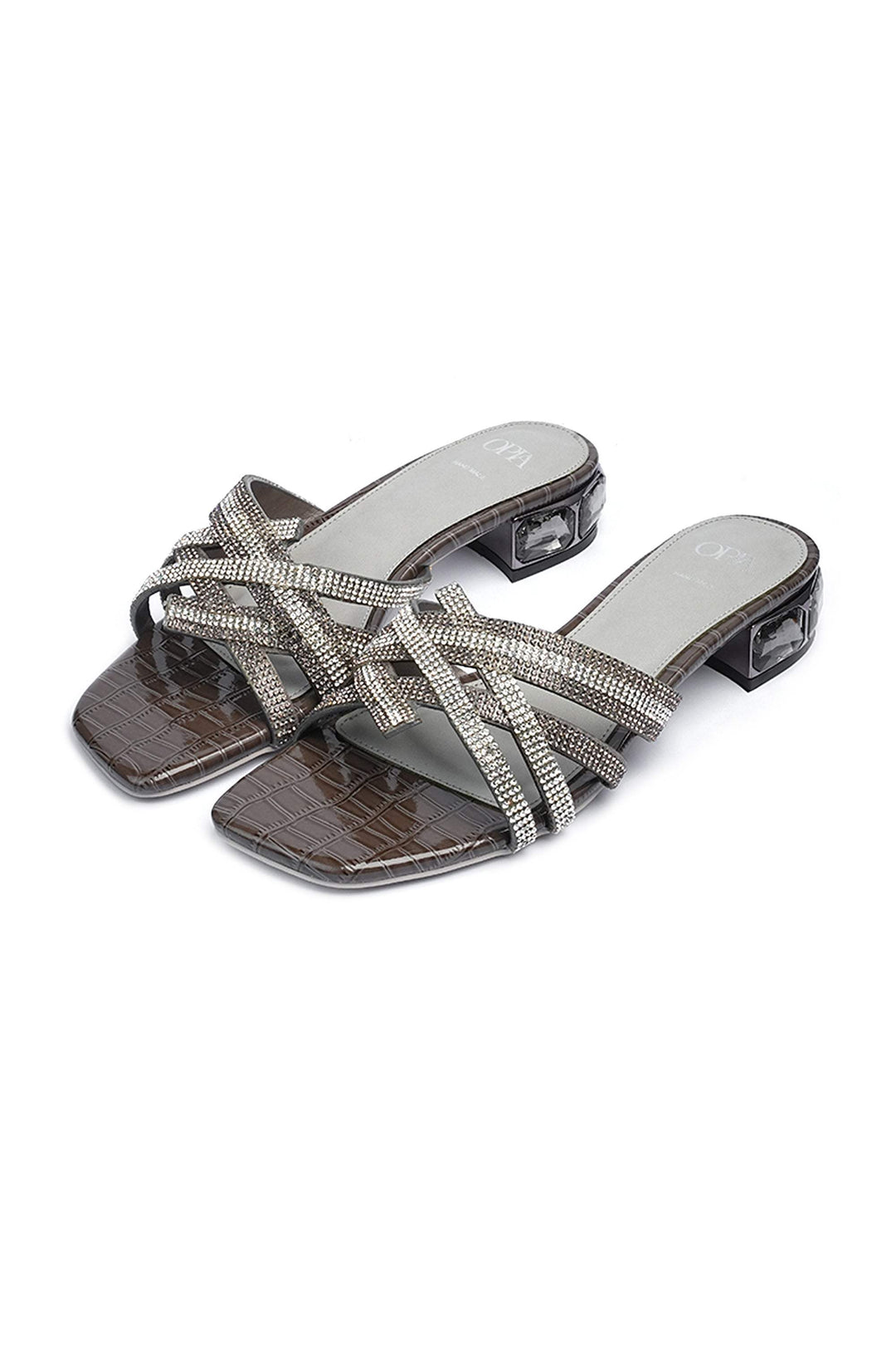 OPIA 8630 GREY stone-embellished grey heels with crocodile print, padded insoles, and unique jeweled heel design.