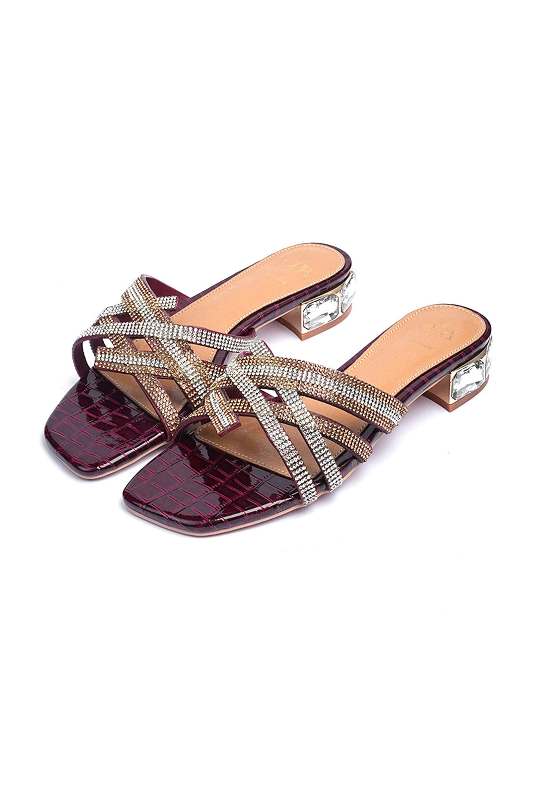 OPIA 8630 MRA maroon heels with stone-detailed straps and embellished clear block heels