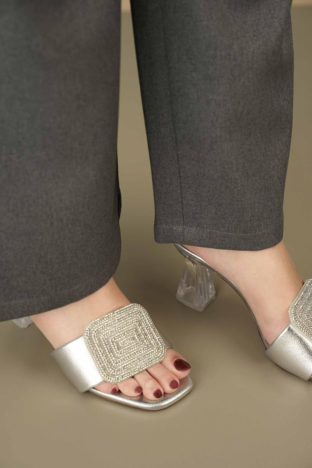 Elegant silver crystal heels with geometric rhinestone design perfect for special occasions
