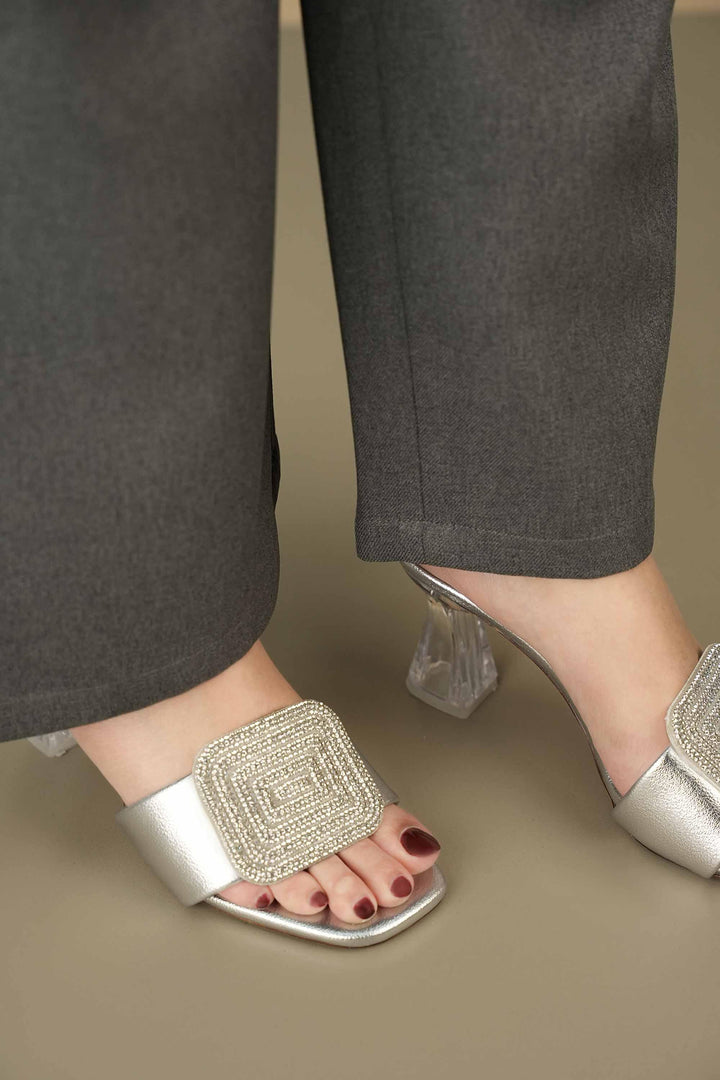 Elegant silver crystal heels with geometric rhinestone design perfect for special occasions