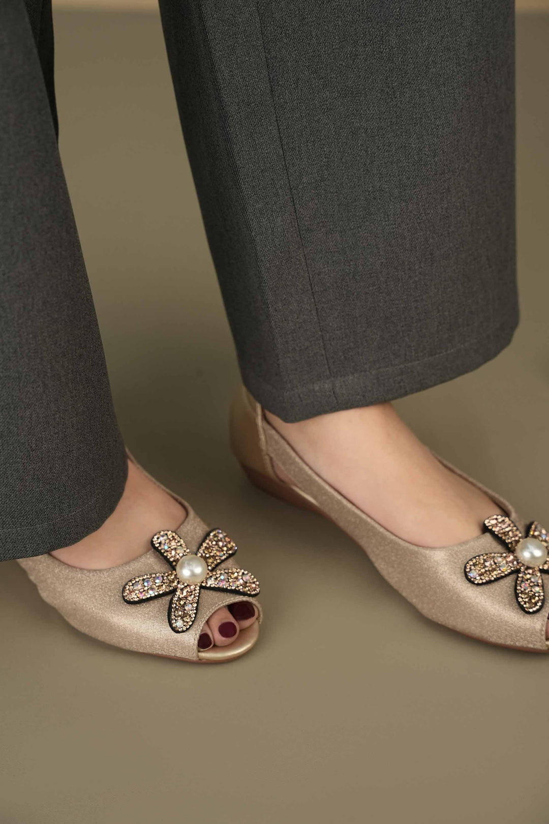 OPIA 9980 GOLD gold peep toe pumps with floral diamante and pearl embellishment