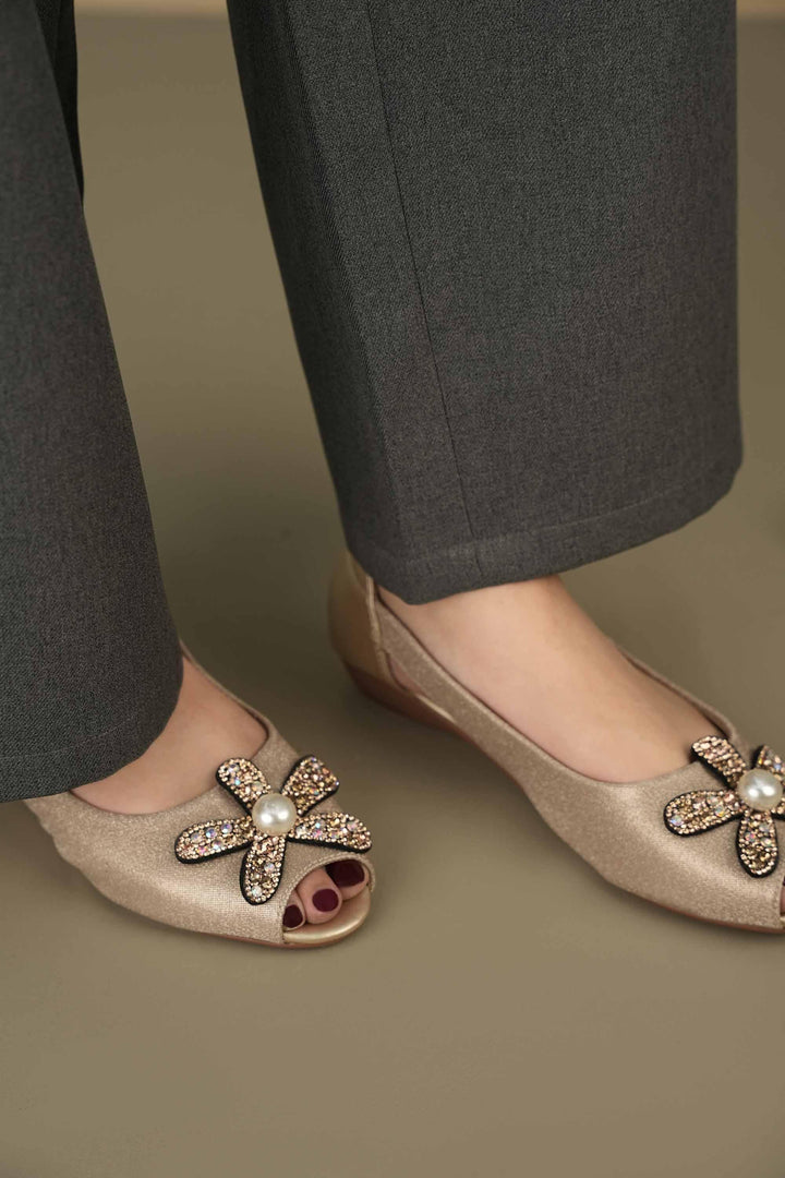 OPIA 9980 GOLD gold peep toe pumps with floral diamante and pearl embellishment