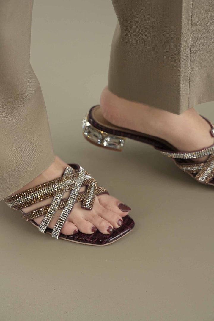 OPIA 8630 MRA maroon heels with stone-detail straps and embellished heel design
