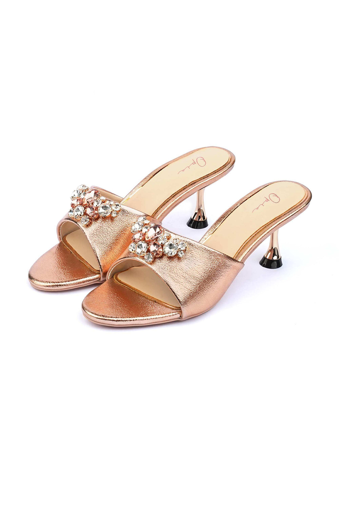 OPIA 8637 PCH peach metallic faux leather heels with chrome heel and decorative brooches