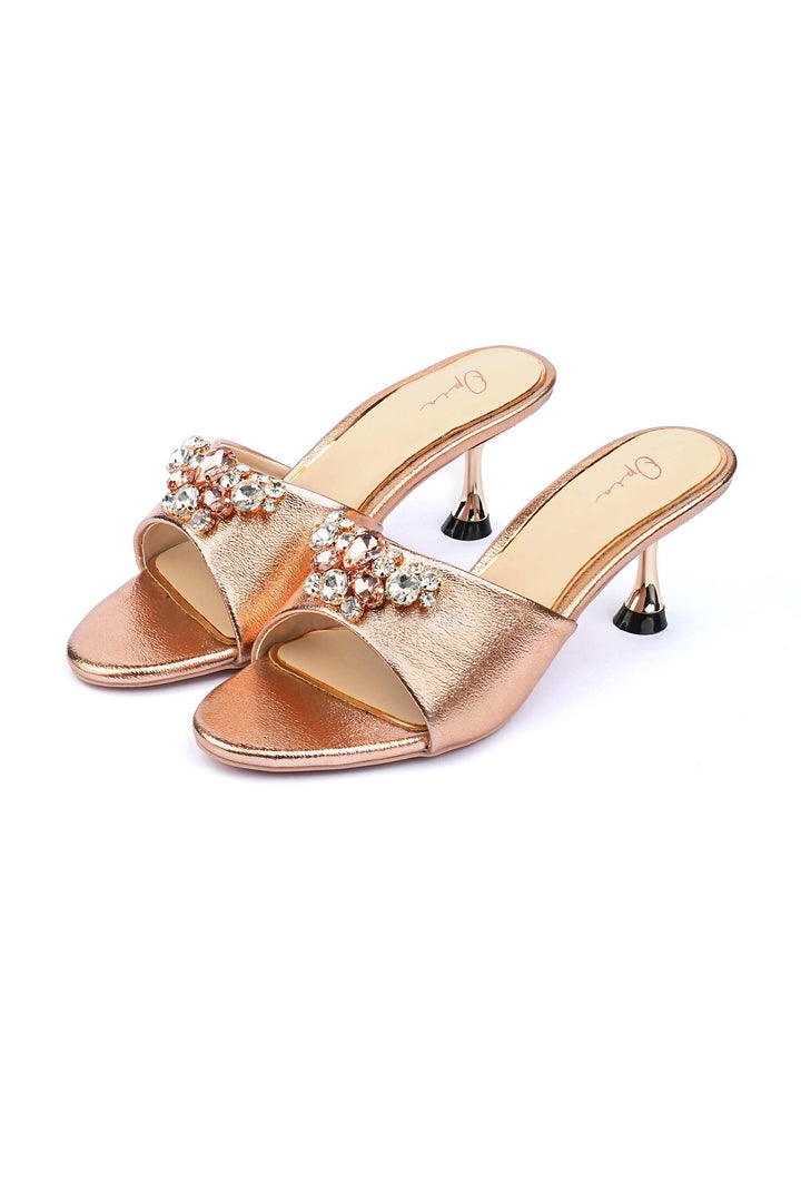 OPIA 8637 PCH peach metallic faux leather heels with chrome heel and decorative brooches