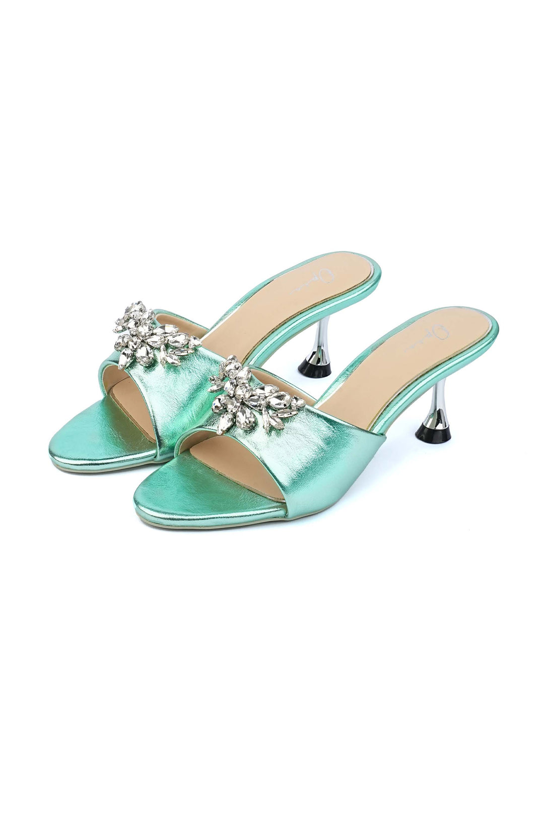 OPIA 8637 GREEN mint green metallic faux leather heels with chrome heel and decorative brooch