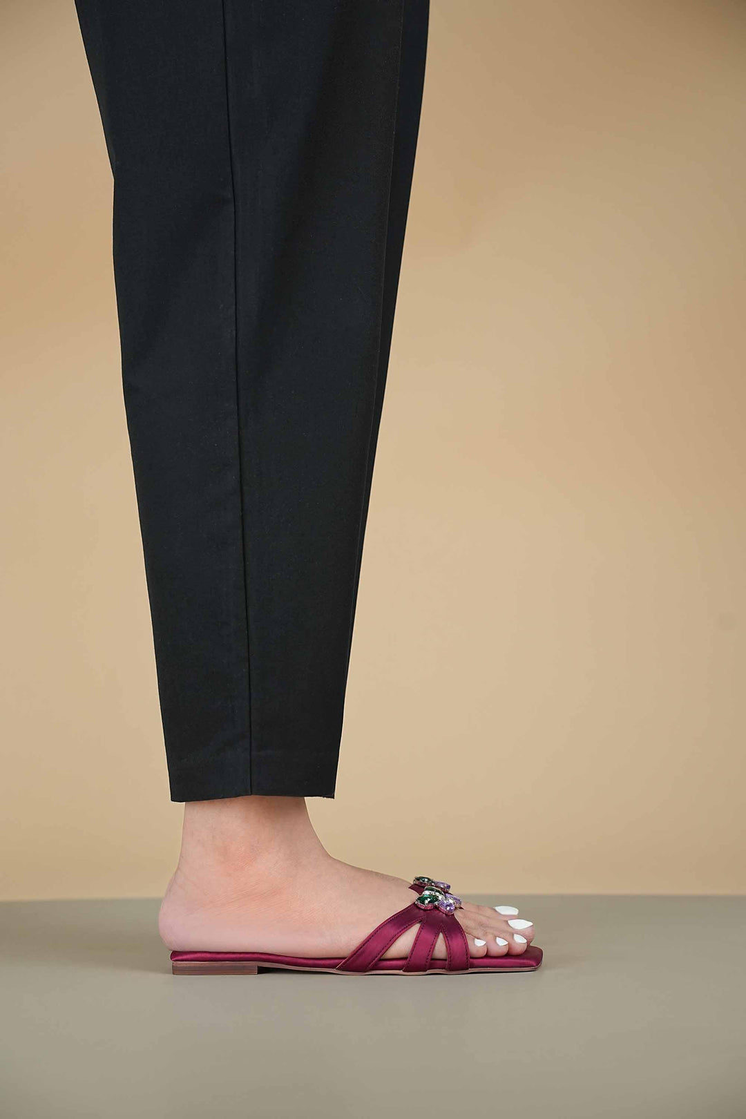 Chic maroon OPIA 8510 MRA flats with butterfly stone embellishment on feet