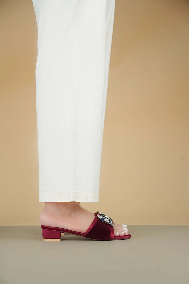 OPIA 9783 MRA maroon block heels with multi-colored rhinestones and low heel