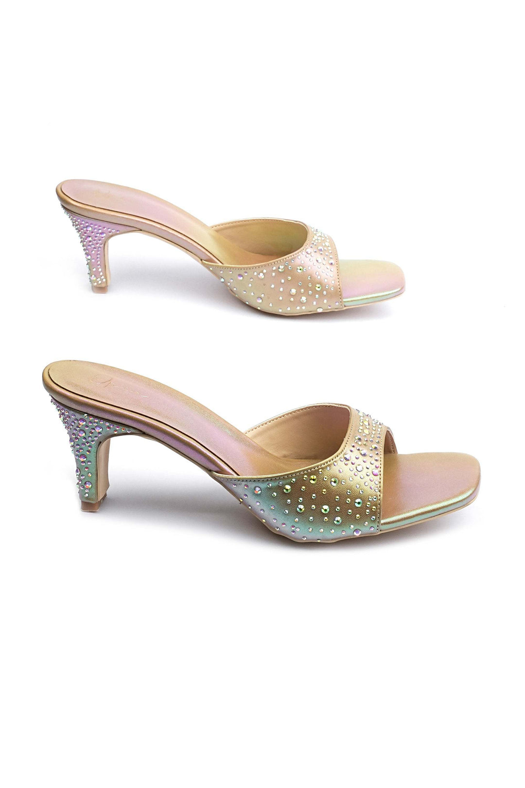 OPIA 8629 GOLD metallic gold heels with hand-placed stone embellishments and comfortable glittery insole for evening and wedding wear